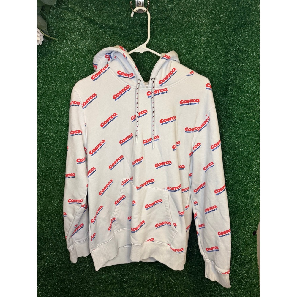 Costco Wholesale All Over Logo Unisex Hoodie White Red Blue Size Medium
